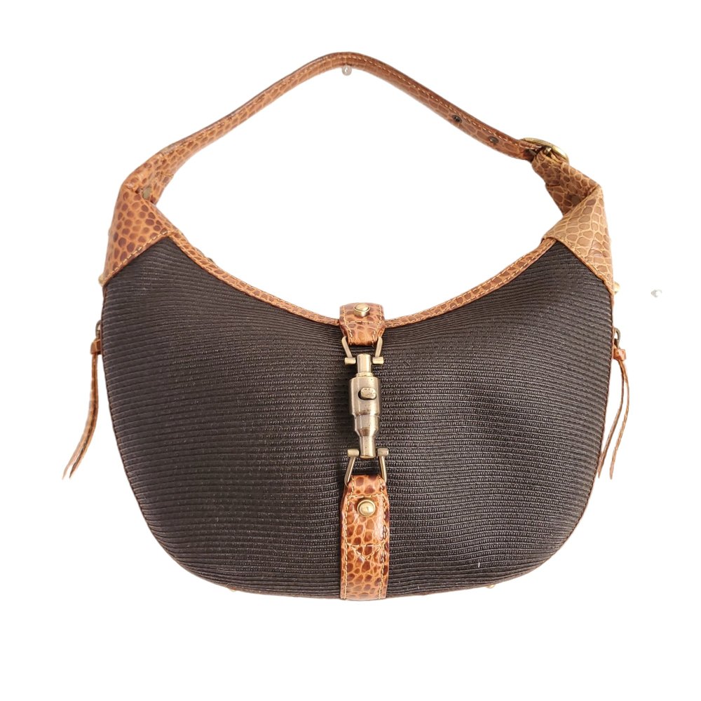 Eric Javits New York Squishee Hobo Straw Black Brown Croc Snakeskin Leather Bag